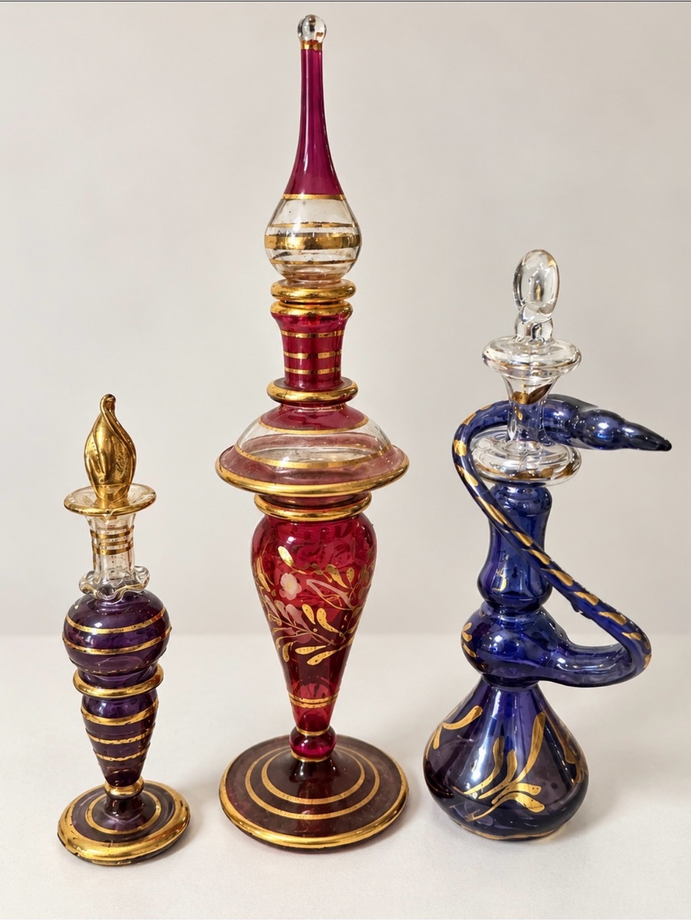 Set of 3 Vintage Bohemian / Egyptian-Style Glass Perfume Bottles